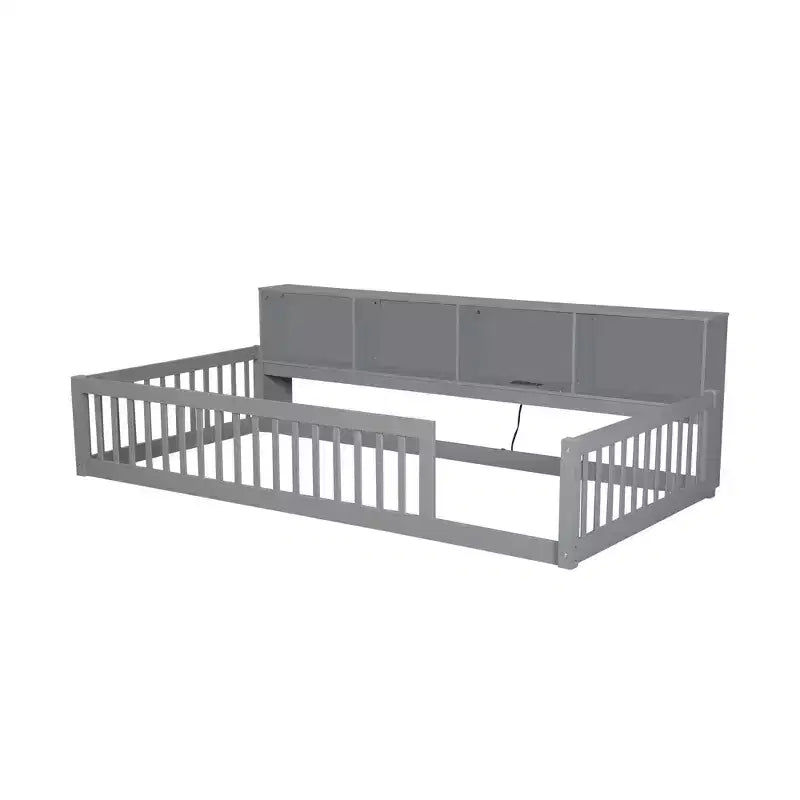 Lits de sol Montessori jumeaux modernes Okak avec armoires de rangement et ports USB, lit plateforme en bois pour chambre d'enfant, chambre à coucher