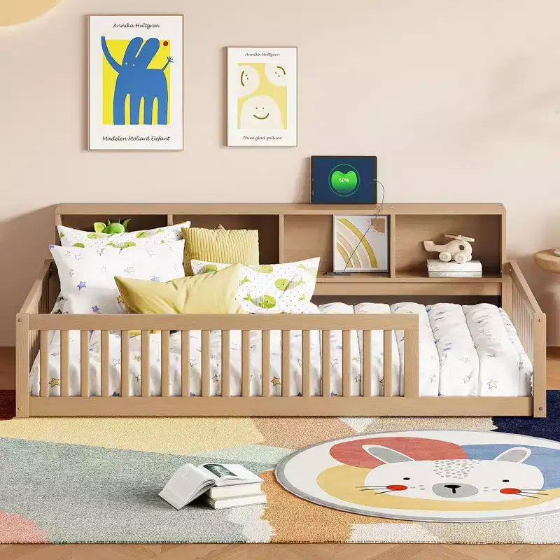 Okak Modern Twin Size Montessori Floor Beds with Storage Cabinets & USB Ports,Wooden Platform Bed for Kids Room,Bedroom
