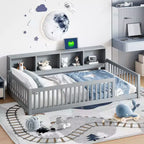 Lits de sol Montessori jumeaux modernes Okak avec armoires de rangement et ports USB, lit plateforme en bois pour chambre d'enfant, chambre à coucher