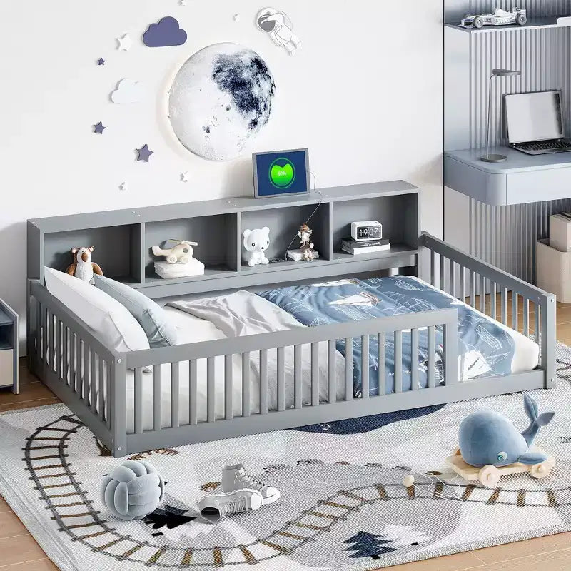 Lits de sol Montessori jumeaux modernes Okak avec armoires de rangement et ports USB, lit plateforme en bois pour chambre d'enfant, chambre à coucher