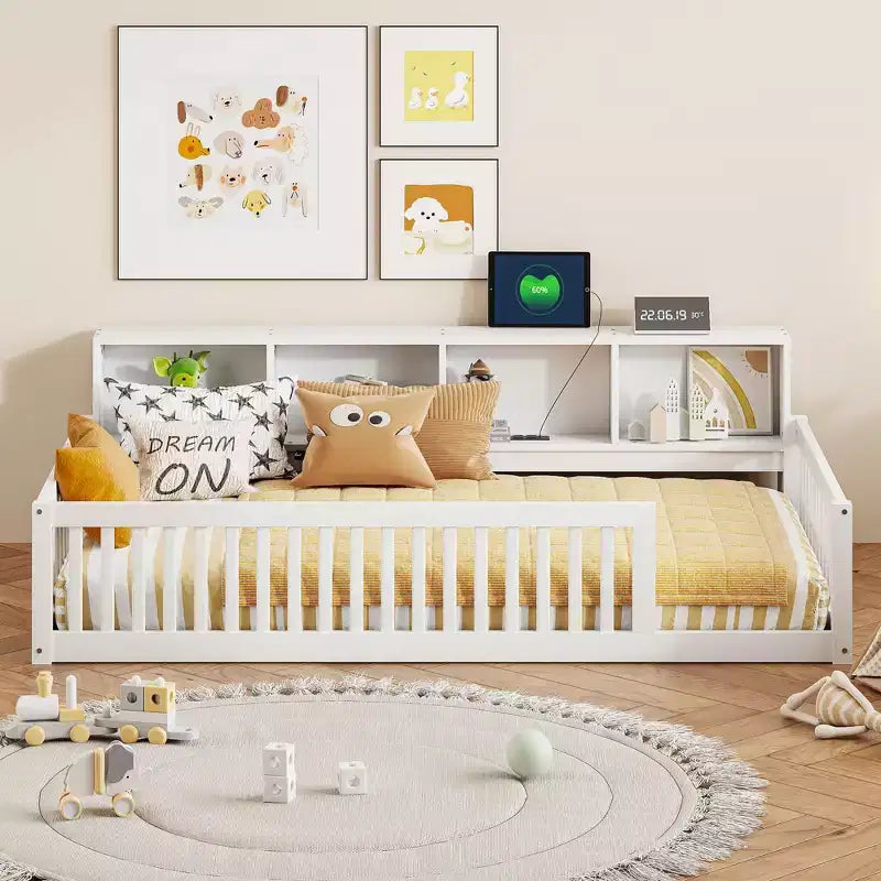 Lits de sol Montessori jumeaux modernes Okak avec armoires de rangement et ports USB, lit plateforme en bois pour chambre d'enfant, chambre à coucher