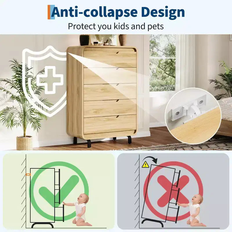 Commode à 5 tiroirs pour chambre à coucher, commode moderne haute de 122 cm en bois avec grand rangement en bois, commode pour salon, couloir, couleur naturelle