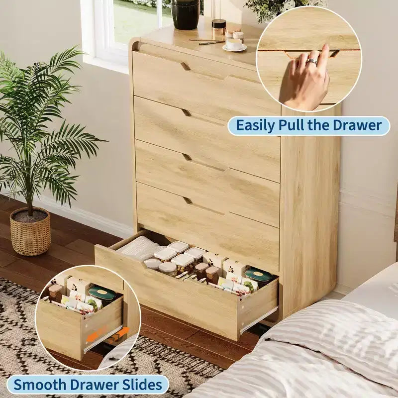 Commode à 5 tiroirs pour chambre à coucher, commode moderne haute de 122 cm en bois avec grand rangement en bois, commode pour salon, couloir, couleur naturelle
