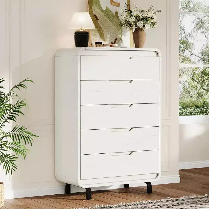 Commode à 5 tiroirs pour chambre à coucher, commode moderne haute de 122 cm en bois avec grand rangement en bois, commode pour salon, couloir, couleur naturelle