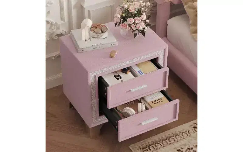 TUYOHW Table de Chevet 2 Tiroirs en Velours, Petite Table d'Appoint Rustique-Chic avec Bande Pailletée Argentée et Pieds en Métal, pour Chambre à Coucher