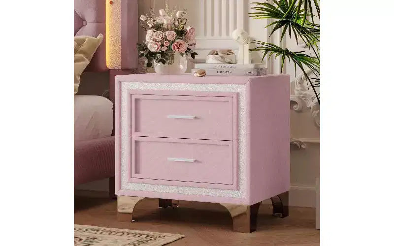 TUYOHW Table de Chevet 2 Tiroirs en Velours, Petite Table d'Appoint Rustique-Chic avec Bande Pailletée Argentée et Pieds en Métal, pour Chambre à Coucher