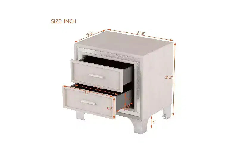 TUYOHW Table de Chevet 2 Tiroirs en Velours, Petite Table d'Appoint Rustique-Chic avec Bande Pailletée Argentée et Pieds en Métal, pour Chambre à Coucher
