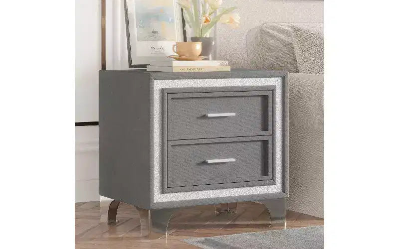TUYOHW Table de Chevet 2 Tiroirs en Velours, Petite Table d'Appoint Rustique-Chic avec Bande Pailletée Argentée et Pieds en Métal, pour Chambre à Coucher