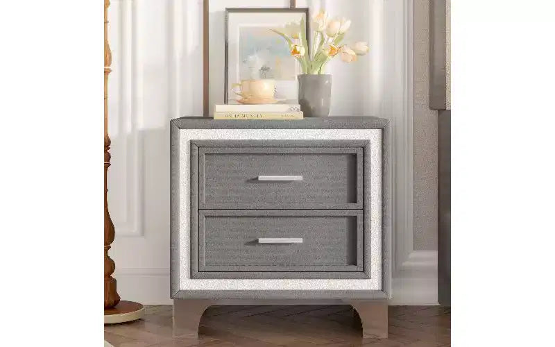 TUYOHW Table de Chevet 2 Tiroirs en Velours, Petite Table d'Appoint Rustique-Chic avec Bande Pailletée Argentée et Pieds en Métal, pour Chambre à Coucher