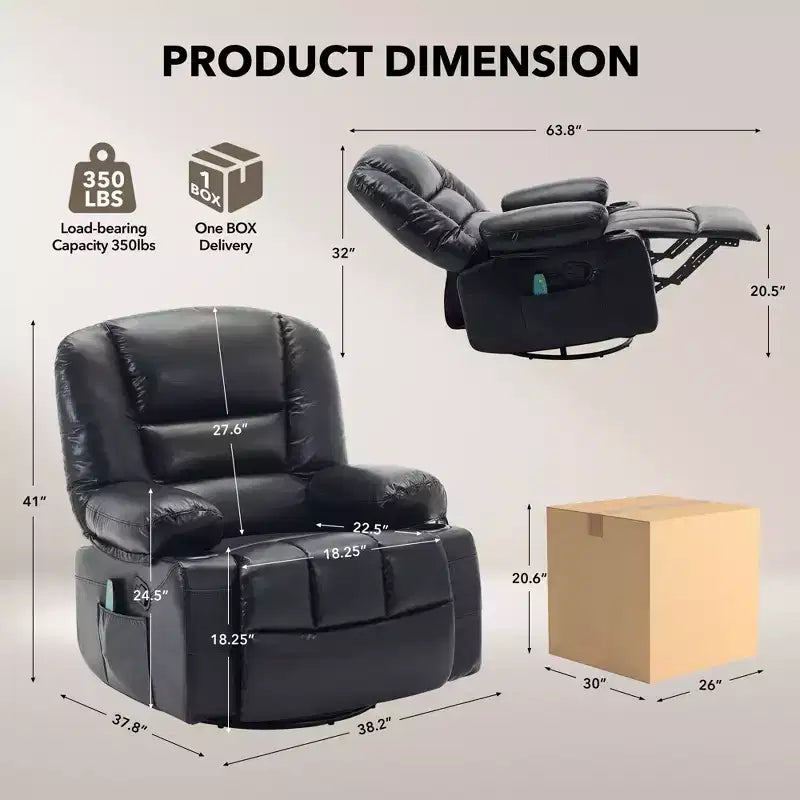 Fauteuil Inclinable à Bascule pour Adultes avec Massage Vibrant et Chauffant, Fauteuil Inclinable Glider à Bascule Pivotant à 360°, Fauteuil Paresseux Manuel Extra Large