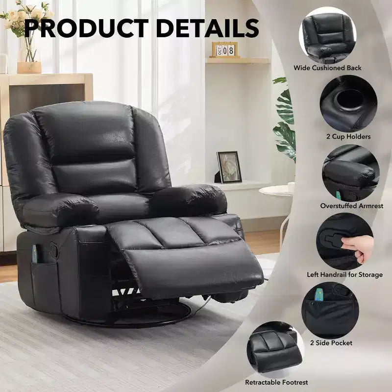 Fauteuil Inclinable à Bascule pour Adultes avec Massage Vibrant et Chauffant, Fauteuil Inclinable Glider à Bascule Pivotant à 360°, Fauteuil Paresseux Manuel Extra Large