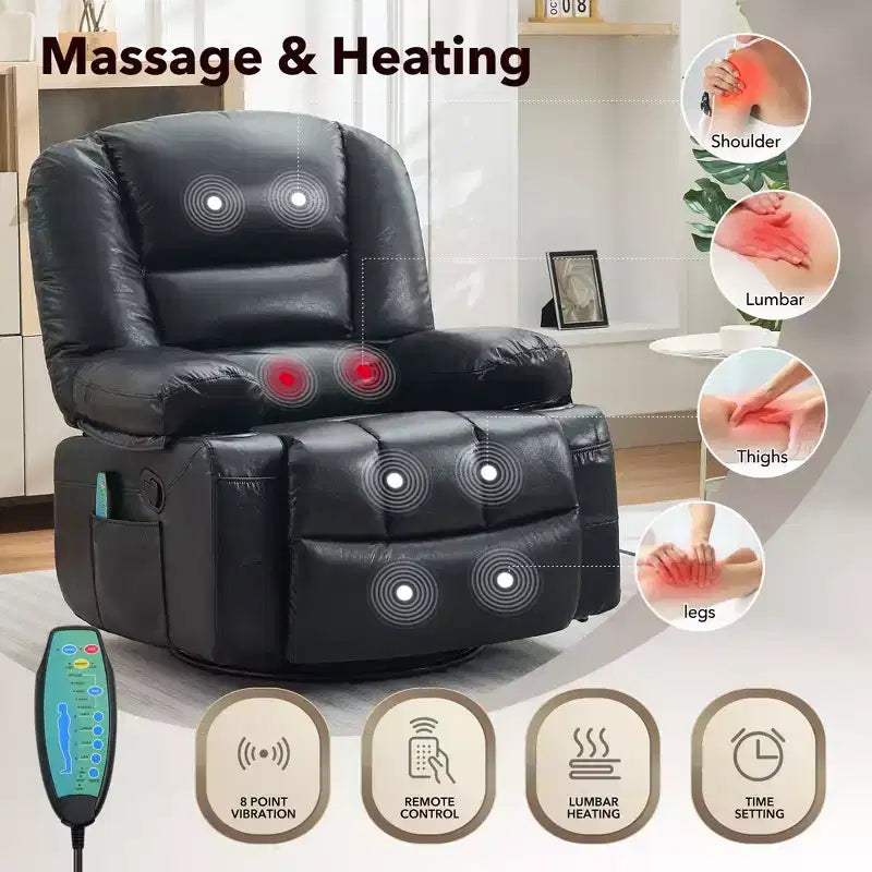 Fauteuil Inclinable à Bascule pour Adultes avec Massage Vibrant et Chauffant, Fauteuil Inclinable Glider à Bascule Pivotant à 360°, Fauteuil Paresseux Manuel Extra Large