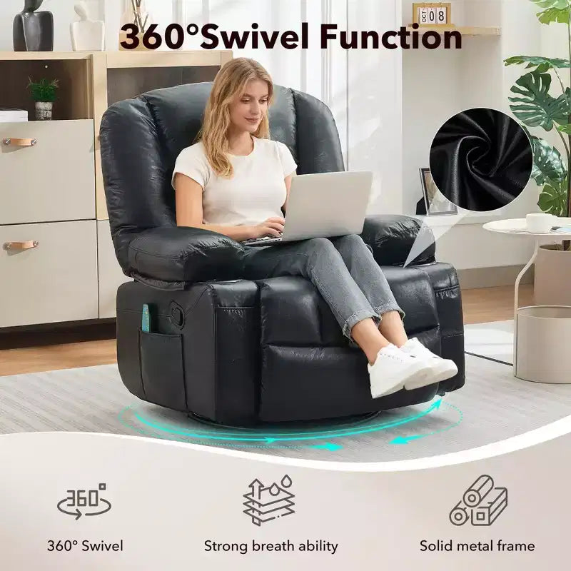 Fauteuil Inclinable à Bascule pour Adultes avec Massage Vibrant et Chauffant, Fauteuil Inclinable Glider à Bascule Pivotant à 360°, Fauteuil Paresseux Manuel Extra Large