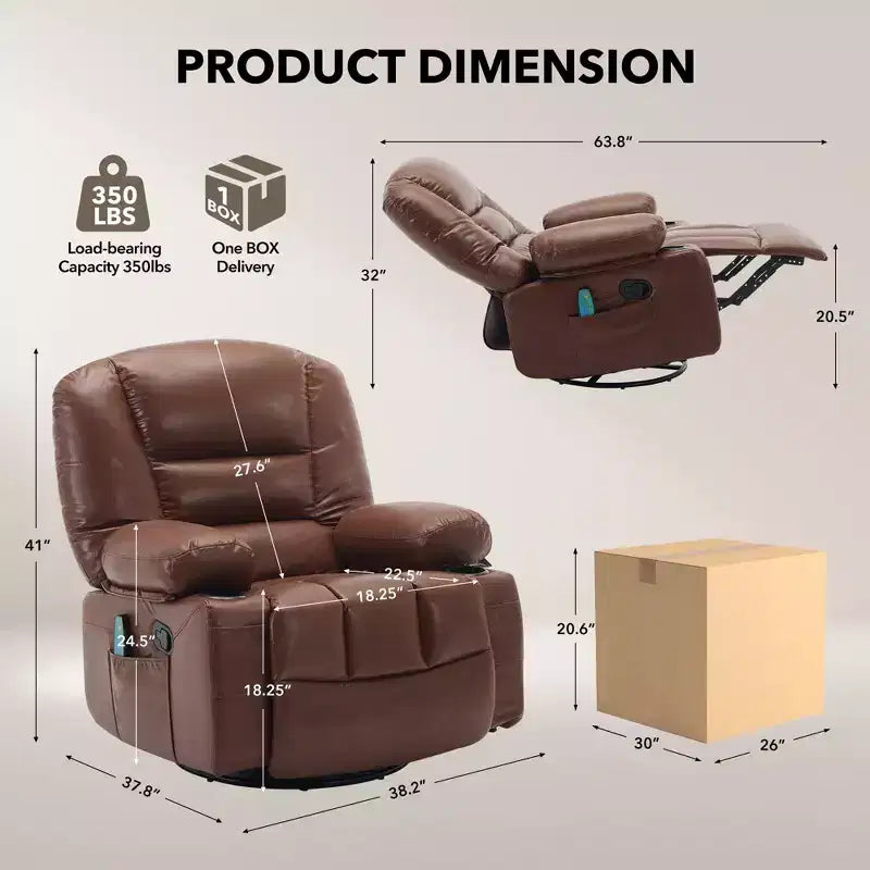 Fauteuil Inclinable à Bascule pour Adultes avec Massage Vibrant et Chauffant, Fauteuil Inclinable Glider à Bascule Pivotant à 360°, Fauteuil Paresseux Manuel Extra Large