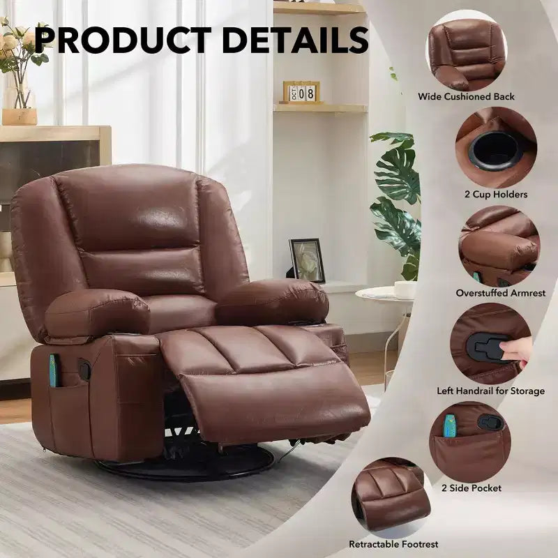 Fauteuil Inclinable à Bascule pour Adultes avec Massage Vibrant et Chauffant, Fauteuil Inclinable Glider à Bascule Pivotant à 360°, Fauteuil Paresseux Manuel Extra Large