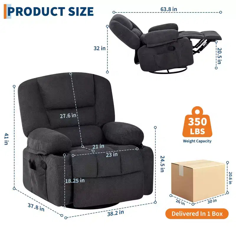 Fauteuil Inclinable à Bascule pour Adultes avec Massage Vibrant et Chauffant, Fauteuil Inclinable Glider à Bascule Pivotant à 360°, Fauteuil Paresseux Manuel Extra Large