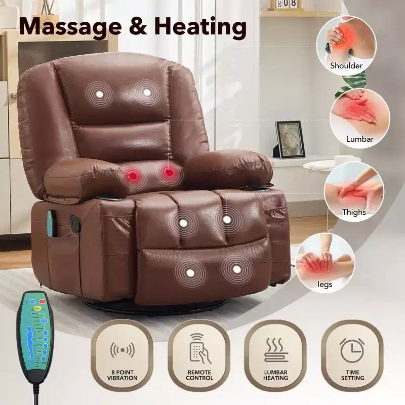 Fauteuil Inclinable à Bascule pour Adultes avec Massage Vibrant et Chauffant, Fauteuil Inclinable Glider à Bascule Pivotant à 360°, Fauteuil Paresseux Manuel Extra Large