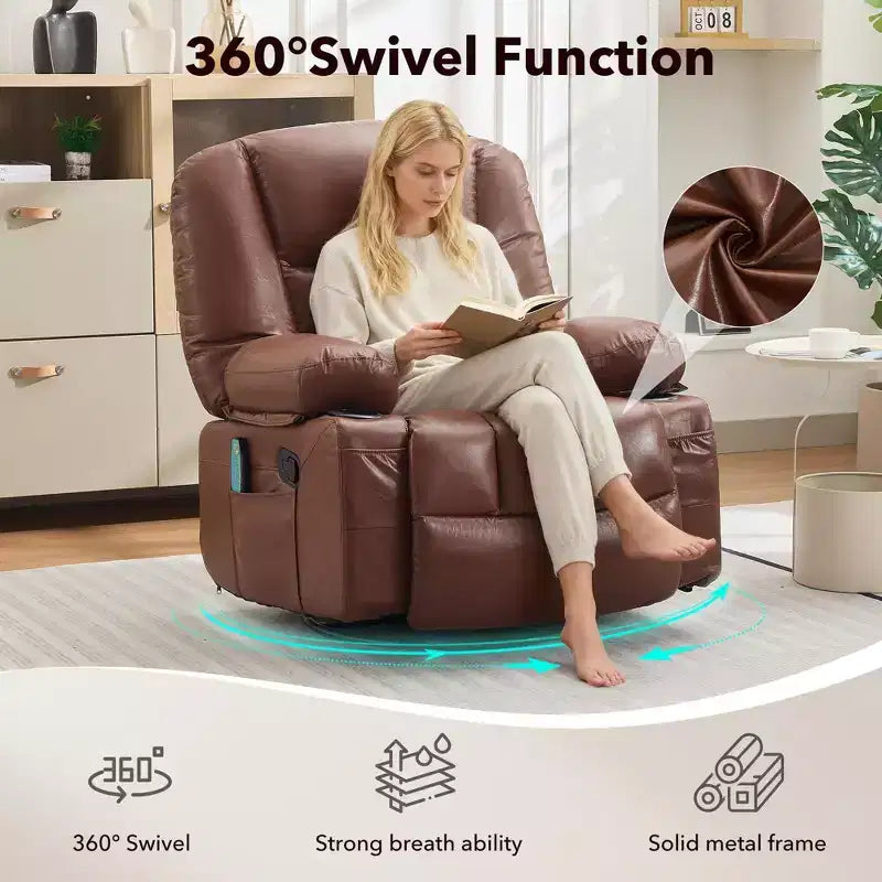 Fauteuil Inclinable à Bascule pour Adultes avec Massage Vibrant et Chauffant, Fauteuil Inclinable Glider à Bascule Pivotant à 360°, Fauteuil Paresseux Manuel Extra Large