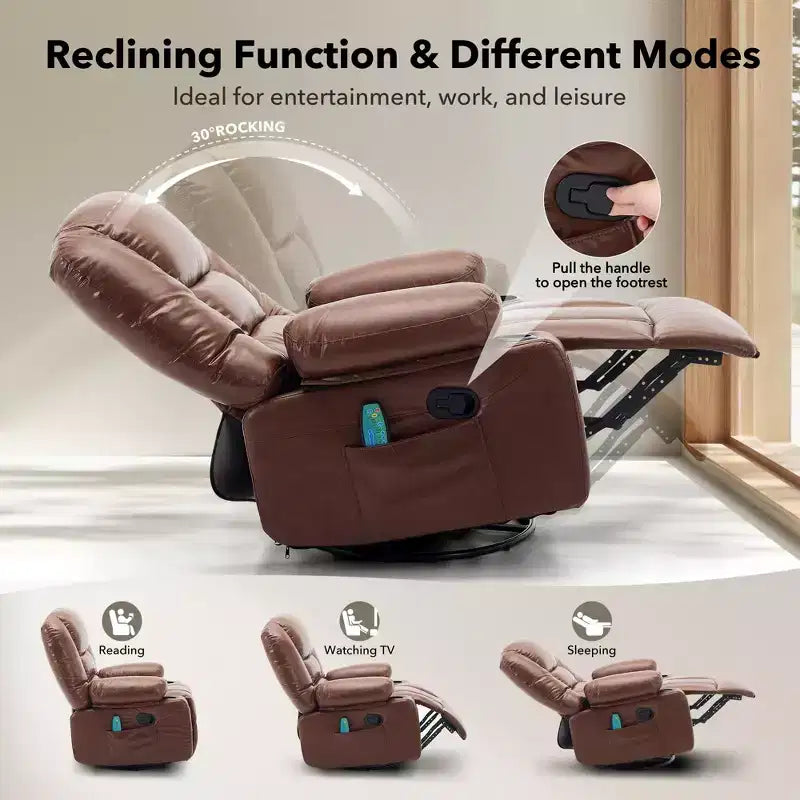 Fauteuil Inclinable à Bascule pour Adultes avec Massage Vibrant et Chauffant, Fauteuil Inclinable Glider à Bascule Pivotant à 360°, Fauteuil Paresseux Manuel Extra Large