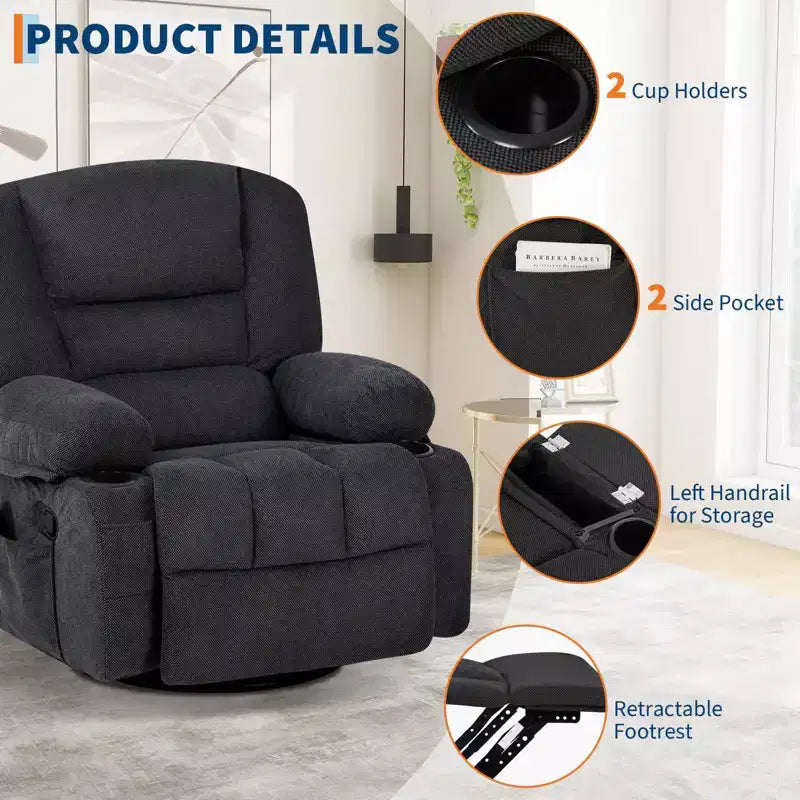 Fauteuil Inclinable à Bascule pour Adultes avec Massage Vibrant et Chauffant, Fauteuil Inclinable Glider à Bascule Pivotant à 360°, Fauteuil Paresseux Manuel Extra Large
