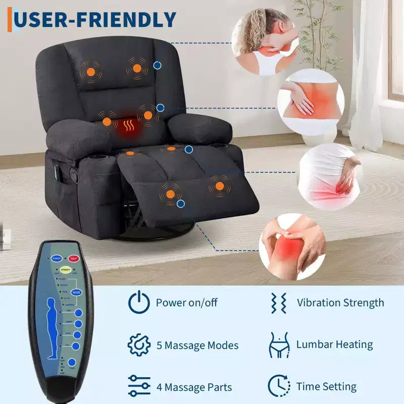 Fauteuil Inclinable à Bascule pour Adultes avec Massage Vibrant et Chauffant, Fauteuil Inclinable Glider à Bascule Pivotant à 360°, Fauteuil Paresseux Manuel Extra Large