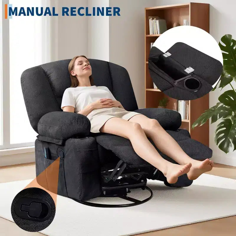 Fauteuil Inclinable à Bascule pour Adultes avec Massage Vibrant et Chauffant, Fauteuil Inclinable Glider à Bascule Pivotant à 360°, Fauteuil Paresseux Manuel Extra Large
