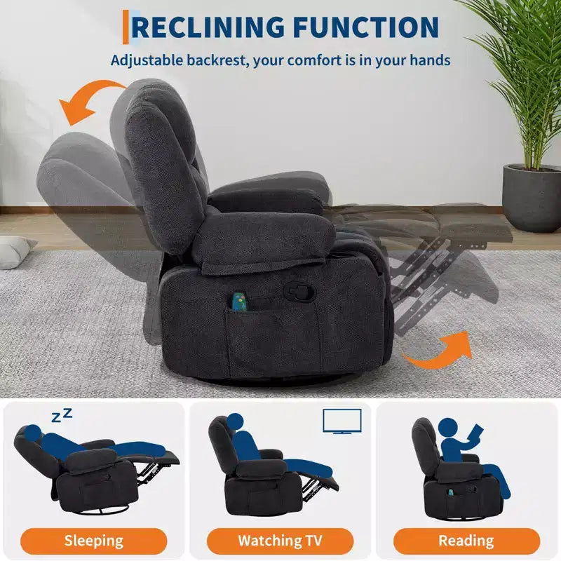 Fauteuil Inclinable à Bascule pour Adultes avec Massage Vibrant et Chauffant, Fauteuil Inclinable Glider à Bascule Pivotant à 360°, Fauteuil Paresseux Manuel Extra Large