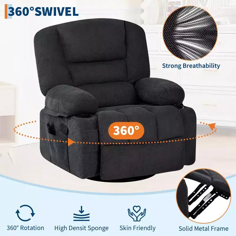 Fauteuil Inclinable à Bascule pour Adultes avec Massage Vibrant et Chauffant, Fauteuil Inclinable Glider à Bascule Pivotant à 360°, Fauteuil Paresseux Manuel Extra Large