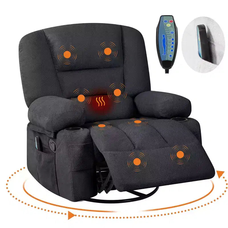 Fauteuil Inclinable à Bascule pour Adultes avec Massage Vibrant et Chauffant, Fauteuil Inclinable Glider à Bascule Pivotant à 360°, Fauteuil Paresseux Manuel Extra Large