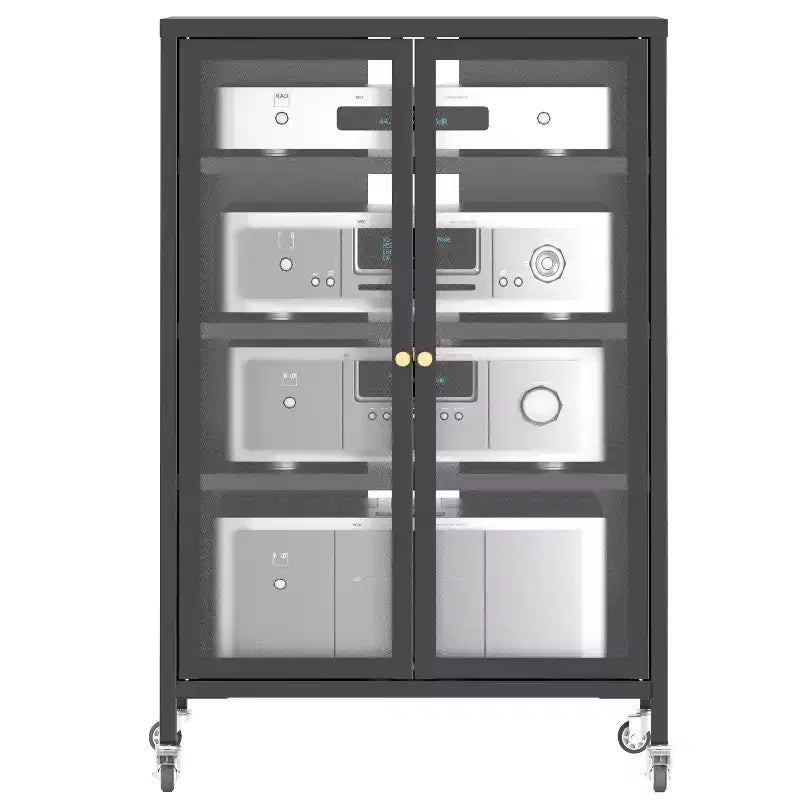 VIYET 36 Media Storage Cabinet with Wheels - 4 Adjustable Glass Shelves & Locking Door, Heavy-Duty Steel AV TV Stand for Living Room, Black