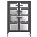 VIYET 36 Media Storage Cabinet with Wheels - 4 Adjustable Glass Shelves & Locking Door, Heavy-Duty Steel AV TV Stand for Living Room, Black