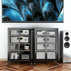 Meuble de rangement média VIYET 36 avec roulettes - 4 étagères en verre réglables et porte verrouillable, meuble TV AV en acier robuste pour salon, noir