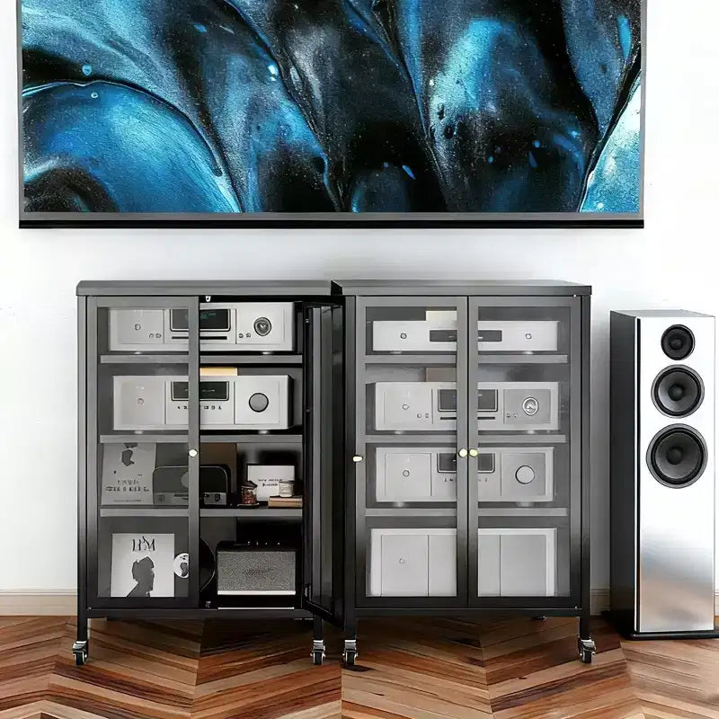 Meuble de rangement média VIYET 36 avec roulettes - 4 étagères en verre réglables et porte verrouillable, meuble TV AV en acier robuste pour salon, noir