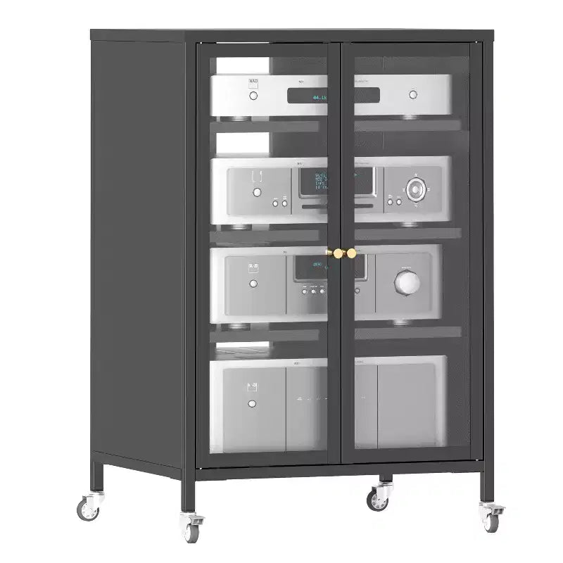 Meuble de rangement média VIYET 36 avec roulettes - 4 étagères en verre réglables et porte verrouillable, meuble TV AV en acier robuste pour salon, noir