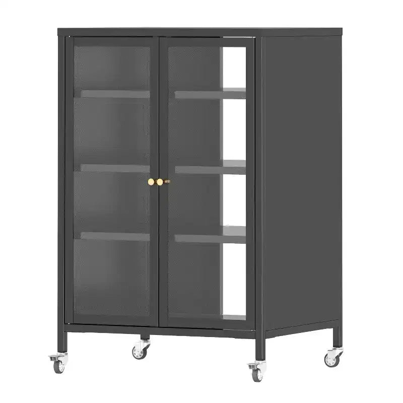 Meuble de rangement média VIYET 36 avec roulettes - 4 étagères en verre réglables et porte verrouillable, meuble TV AV en acier robuste pour salon, noir