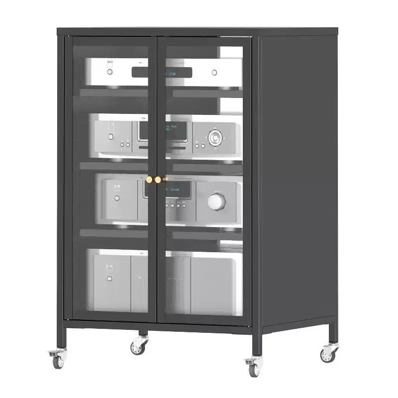 Meuble de rangement média VIYET 36 avec roulettes - 4 étagères en verre réglables et porte verrouillable, meuble TV AV en acier robuste pour salon, noir