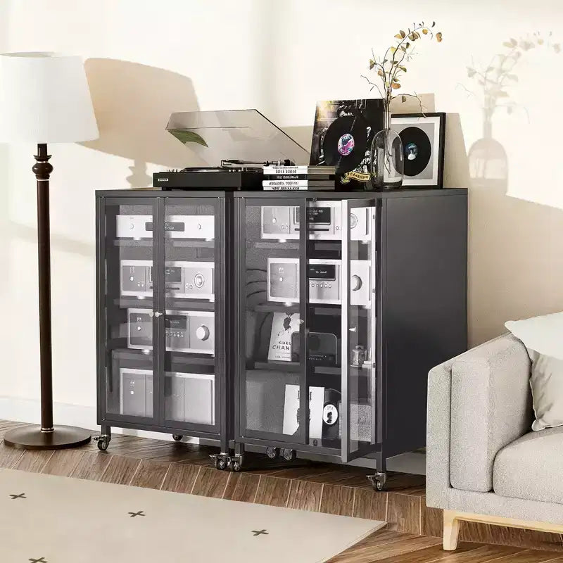 Meuble de rangement média VIYET 36 avec roulettes - 4 étagères en verre réglables et porte verrouillable, meuble TV AV en acier robuste pour salon, noir