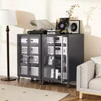 Meuble de rangement média VIYET 36 avec roulettes - 4 étagères en verre réglables et porte verrouillable, meuble TV AV en acier robuste pour salon, noir