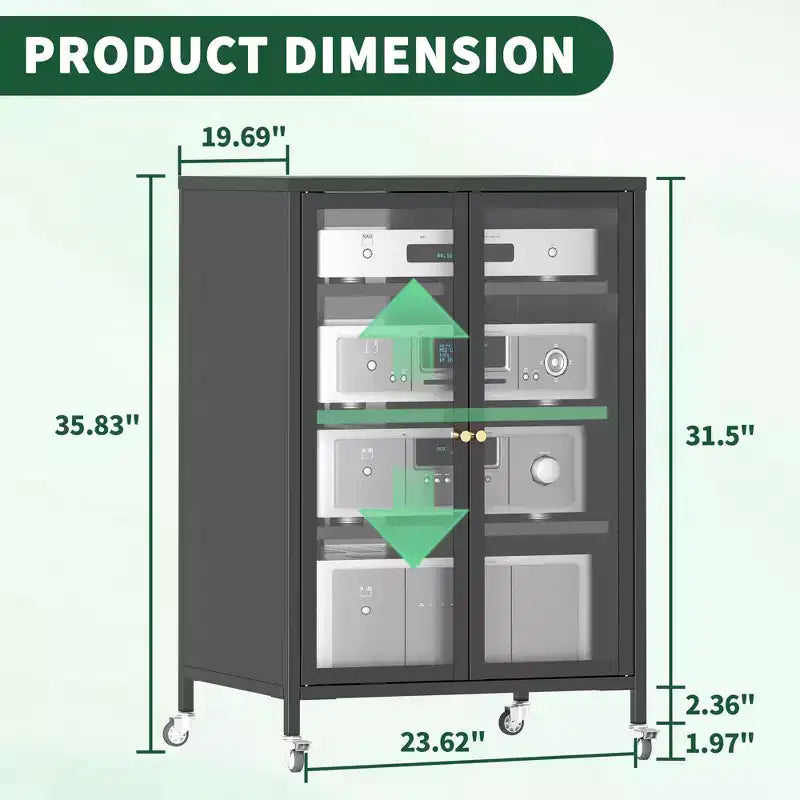 Meuble de rangement média VIYET 36 avec roulettes - 4 étagères en verre réglables et porte verrouillable, meuble TV AV en acier robuste pour salon, noir