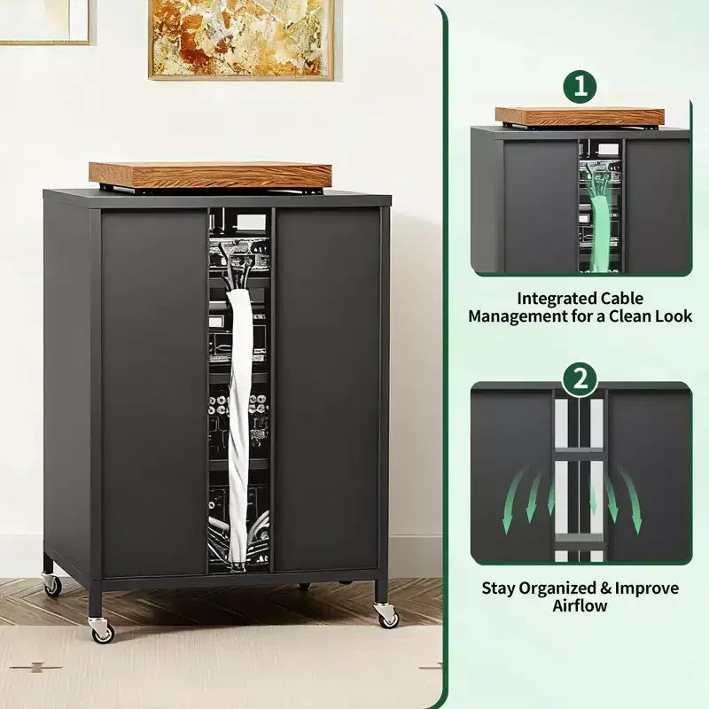 Meuble de rangement média VIYET 36 avec roulettes - 4 étagères en verre réglables et porte verrouillable, meuble TV AV en acier robuste pour salon, noir