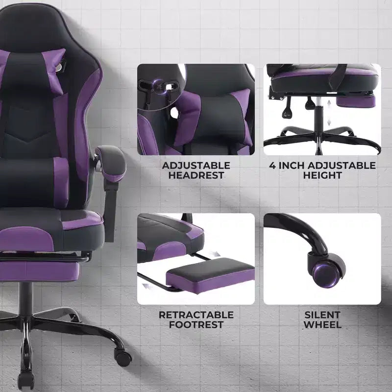 Chaise de jeu MAYEERTY, chaise d'ordinateur ergonomique avec repose-pieds et support lombaire massant, chaise de jeu vidéo pivotante réglable en hauteur Violet Noir