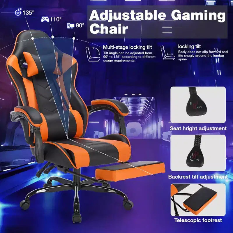 Chaise de jeu MAYEERTY avec repose-pieds, chaise d'ordinateur ergonomique avec appui-tête et support lombaire, chaises de jeu vidéo réglables en hauteur Noir Orange