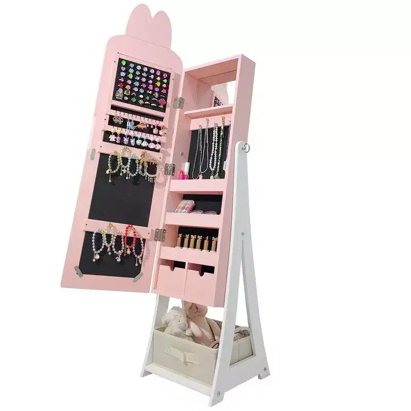 Karl Home Kids MDF Bunny Jewelry Cabinet in Pink Jewelry Armoire with Mirror, 1 Door and 1 Fabric Drawer