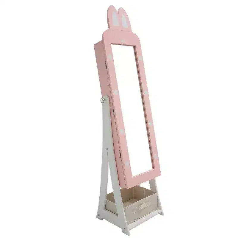 Meuble à bijoux Karl Home pour enfants en MDF rose avec miroir, 1 porte et 1 tiroir en tissu