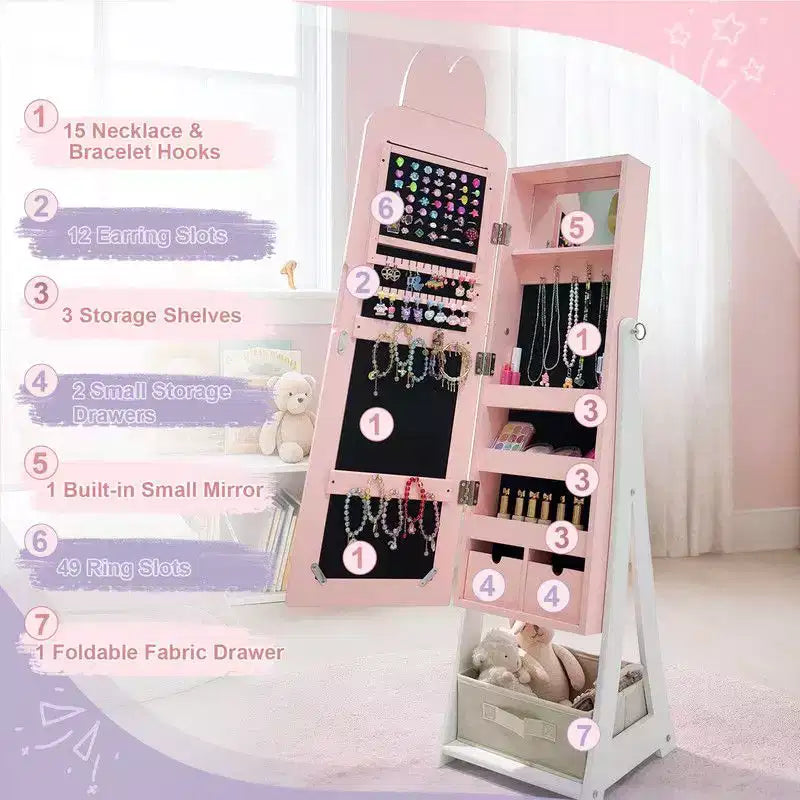 Meuble à bijoux Karl Home pour enfants en MDF rose avec miroir, 1 porte et 1 tiroir en tissu