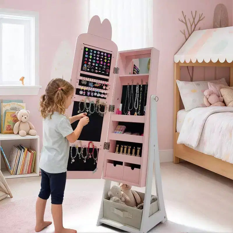 Meuble à bijoux Karl Home pour enfants en MDF rose avec miroir, 1 porte et 1 tiroir en tissu