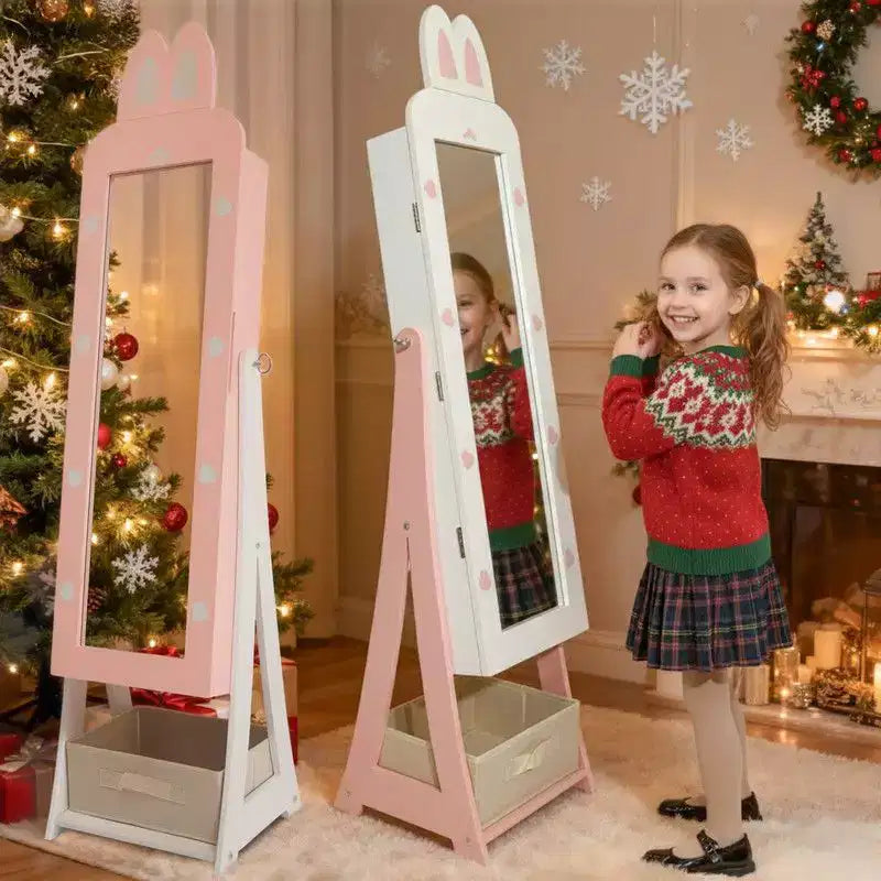 Meuble à bijoux Karl Home pour enfants en MDF rose avec miroir, 1 porte et 1 tiroir en tissu