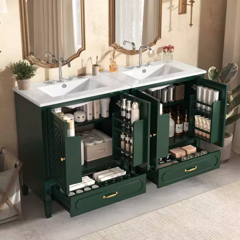 Ensemble de meuble-lavabo de salle de bain en bois de 60 pouces avec double vasque, grand meuble de salle de bain autoportant avec tiroir