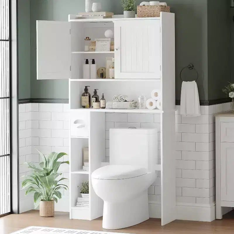 Meuble de rangement sur les toilettes avec portes de grange, étagère de salle de bain sur les toilettes avec crochet à papier toilette et étagères réglables pour salle de bain, entrée, buanderie