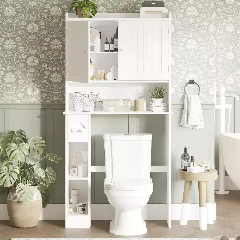 Meuble de rangement sur les toilettes avec portes de grange, étagère de salle de bain sur les toilettes avec crochet à papier toilette et étagères réglables pour salle de bain, entrée, buanderie